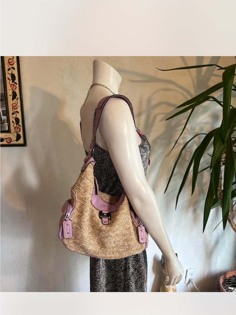 Woven Straw Shoulder Bag with Lavender Trim - Women Bags